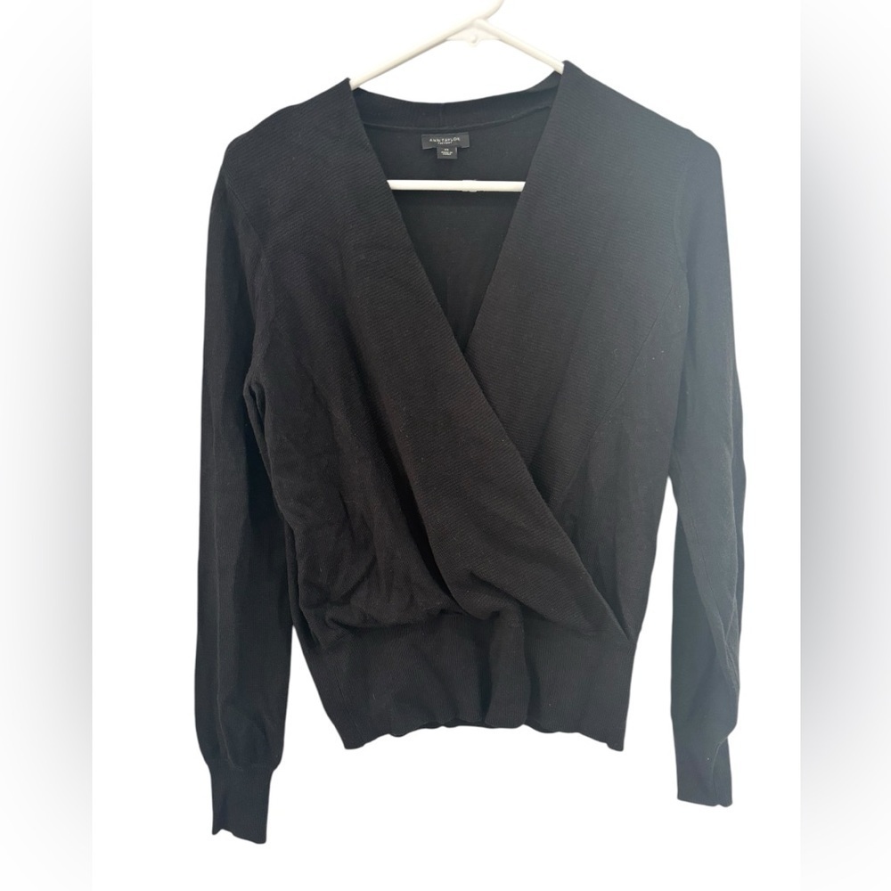 Ann Taylor Factory Black Wrap Front Knit Sweater XS Workwear Business Casual